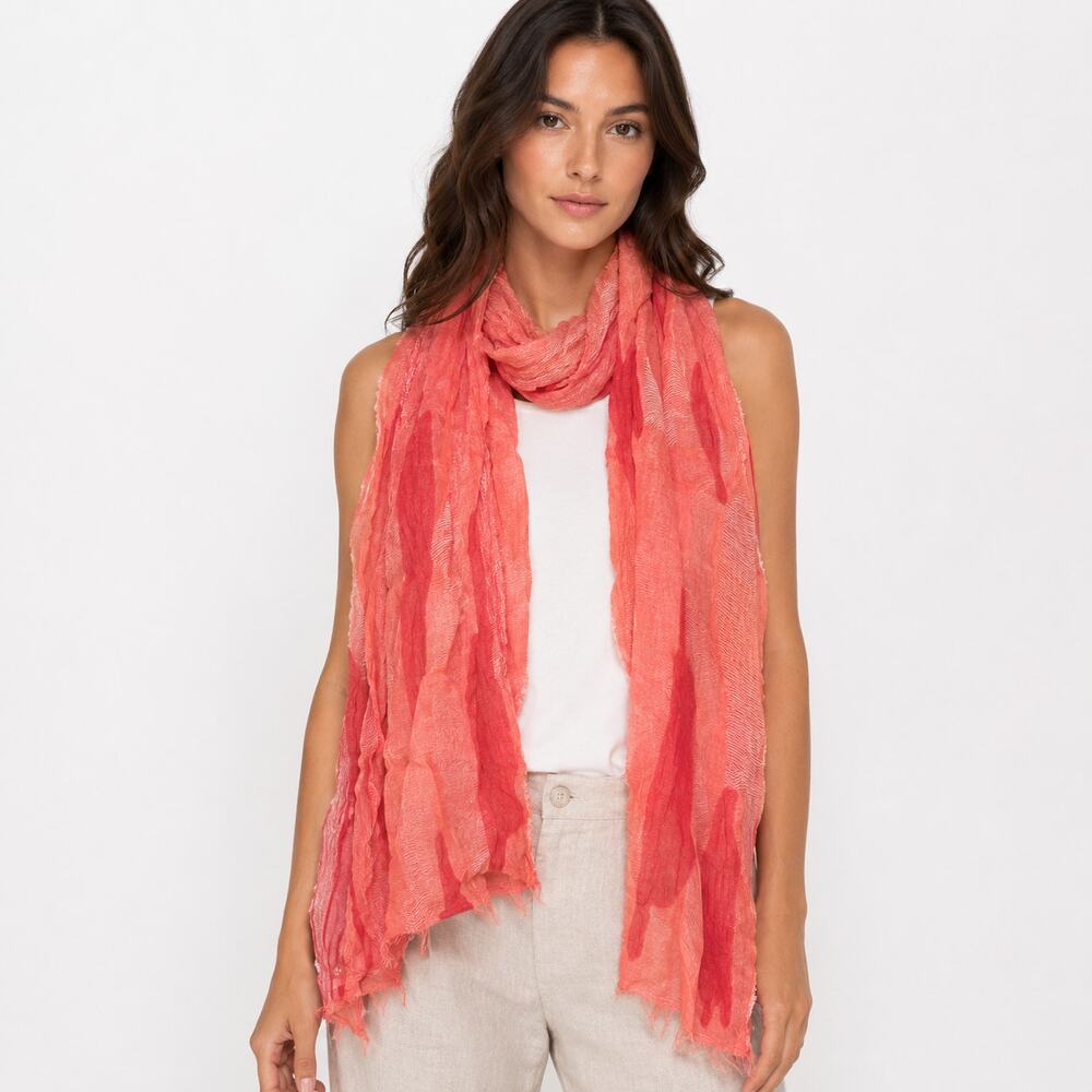 Eileen Fisher Gauze Scarf Lightweight Camo Abstract Peach Pink Rectangle Wrap